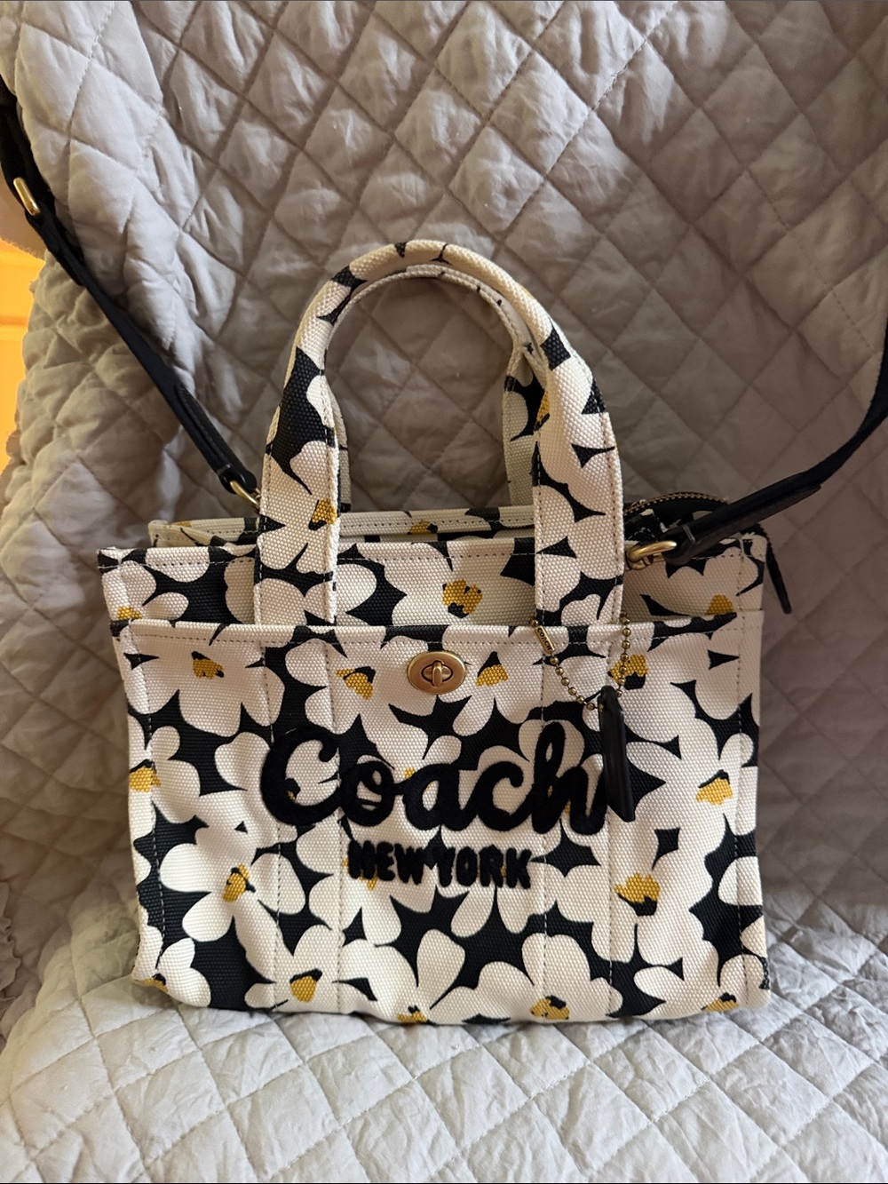 Coach White Floral Canvas Tote with Black Script and Yellow Accents